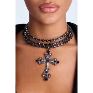 Gothic Black Rhinestone Cross Choker 3-Strand Necklace Grunge Fairycore Y2K